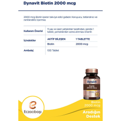 Eczacıbaşı Dynavit Biotin 2000 mcg Takviye Edici Gıda 100 Tablet - 3