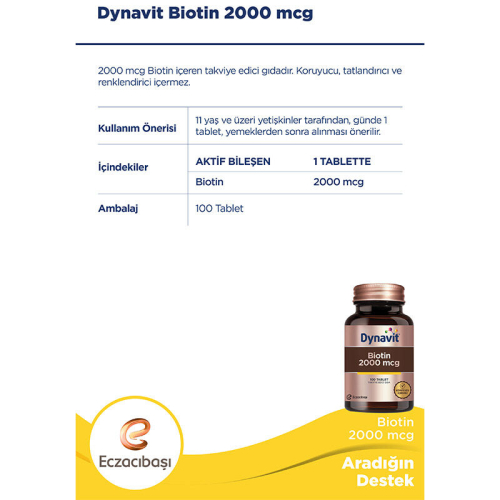 Eczacıbaşı Dynavit Biotin 2000 mcg Takviye Edici Gıda 100 Tablet - 3