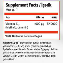Orzax Ocean 1000 mg Methyl Cobalamin B12 Sprey 5 ml - 2