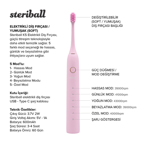 Steriball Elektrikli Diş Fırçası - Pembe - 11