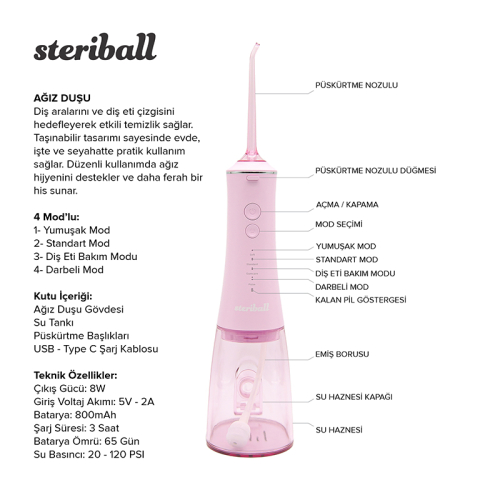 Steriball Taşınabilir Ağız Duşu - Pembe - 3