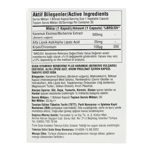 Suda Vitamin Berberine Plus Karamuk Ekstresi 30 Kapsül - 4