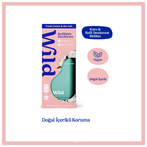 Wild Natural Stick Deodorant Kutu - Refill Fresh - Aqua Case -Fresh Cotton - Sea Salt 40 gr - 5